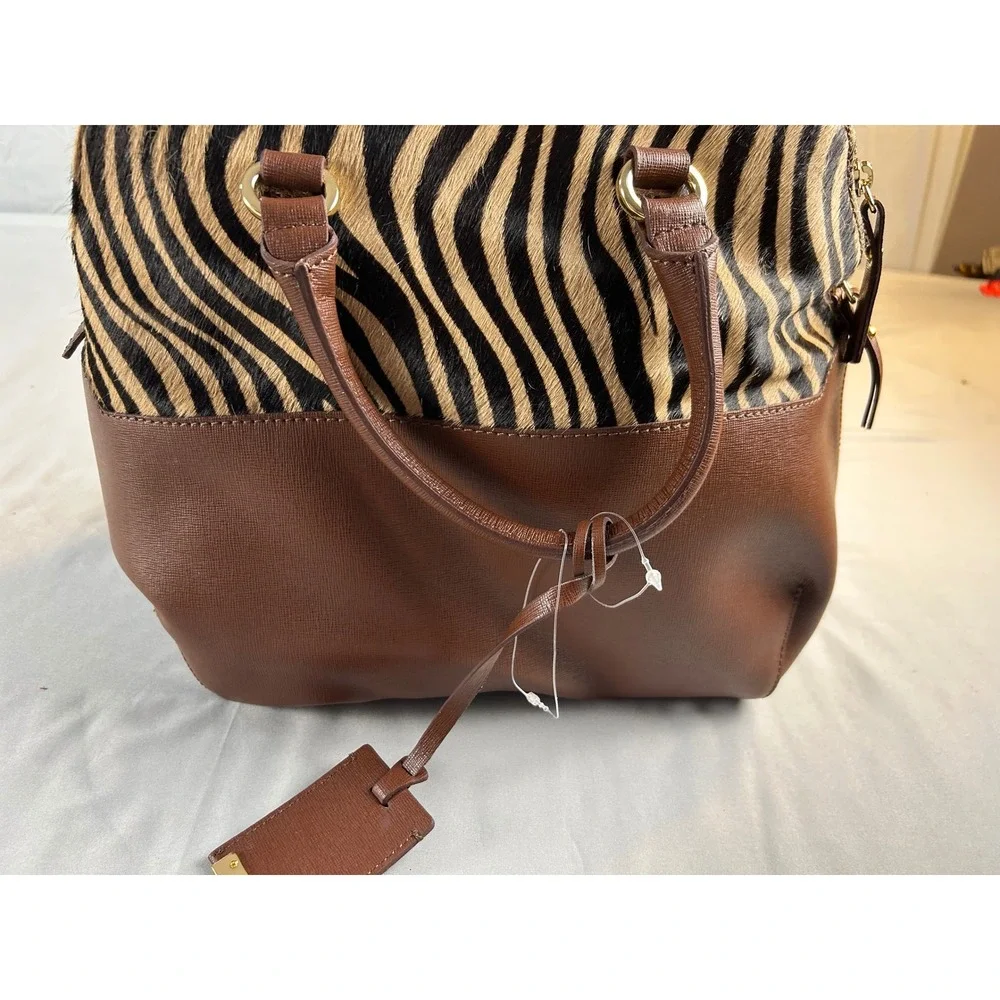 IACUCCI Italy Brown Leather‎ Zebra Print Calf Hair Satchel Handbag 1081RD NWT